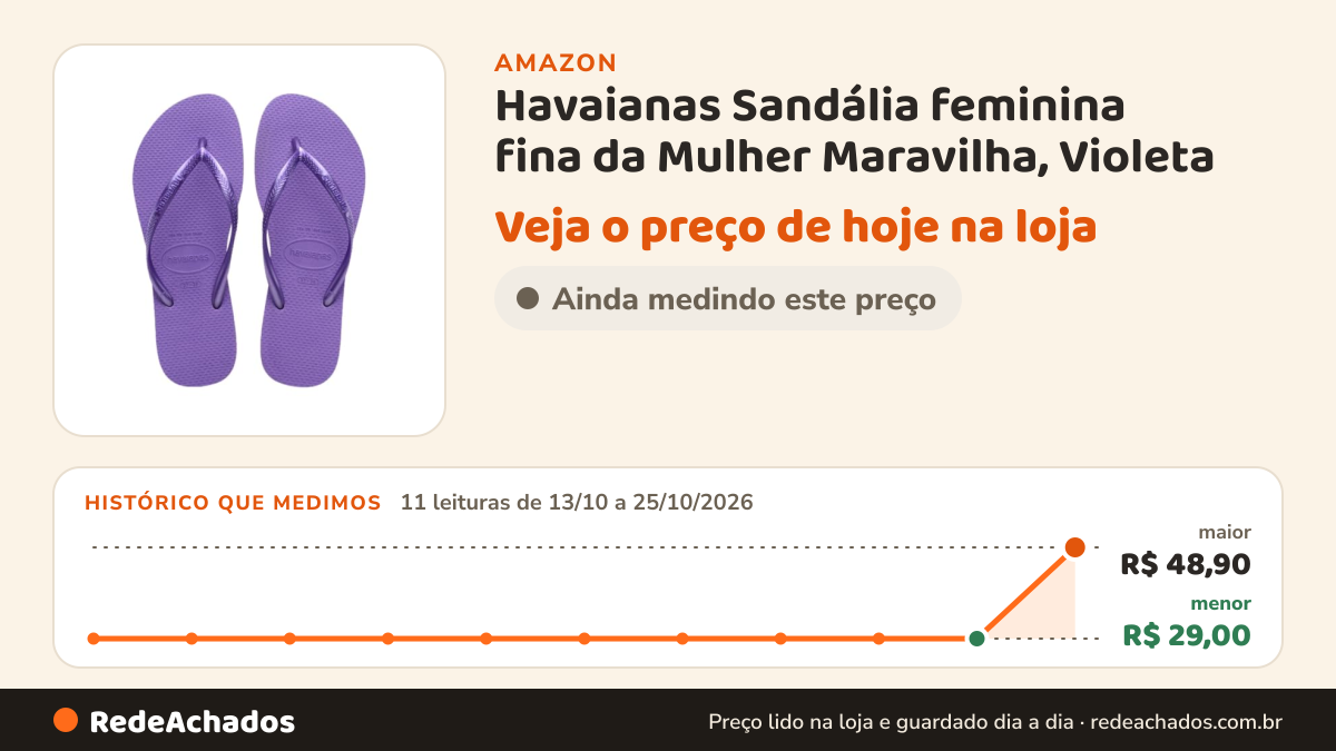 Histórico de preço de Havaianas Sandália feminina fina da Mulher Maravilha, Violeta (mehrfarbig), 1-2 na Amazon: 11 leituras de 13/10/2026 a 25/10/2026, menor R$ 29,00, maior R$ 48,90