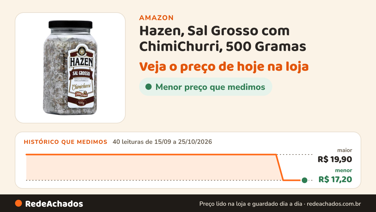 Histórico de preço de Hazen, Sal Grosso com ChimiChurri, 500 Gramas na Amazon: 40 leituras de 15/09/2026 a 25/10/2026, menor R$ 17,20, maior R$ 19,90