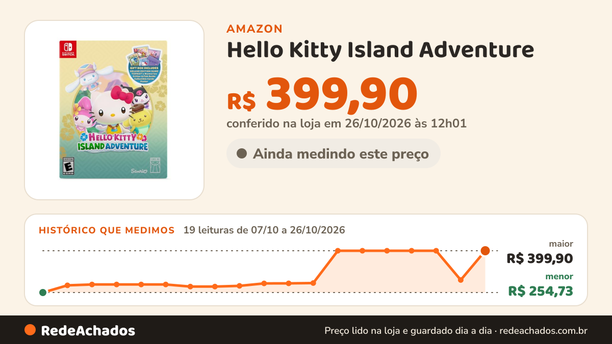 Histórico de preço de Hello Kitty Island Adventure - Gift Box na Amazon: 19 leituras de 07/10/2026 a 26/10/2026, menor R$ 254,73, maior R$ 399,90; R$ 399,90 conferido em 26/10/2026 às 12h01