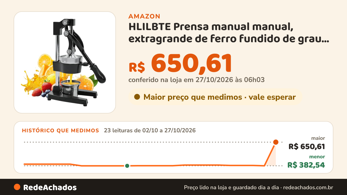 Histórico de preço de HLILBTE Prensa manual manual, extragrande de ferro fundido de grau comercial com copo de… na Amazon: 23 leituras de 02/10/2026 a 27/10/2026, menor R$ 382,54, maior R$ 650,61; R$ 650,61 conferido em 27/10/2026 às 06h03
