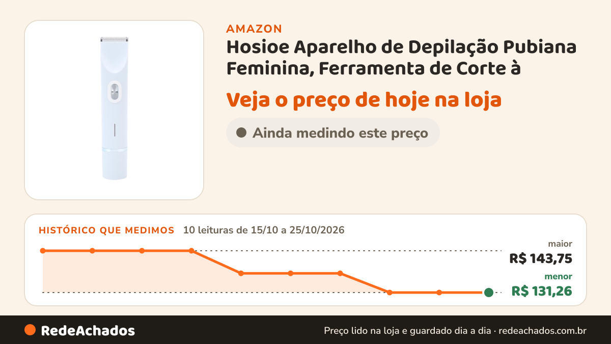 Histórico de preço de Hosioe Aparelho de Depilação Pubiana Feminina, Ferramenta de Corte à (Blue) na Amazon: 10 leituras de 15/10/2026 a 25/10/2026, menor R$ 131,26, maior R$ 143,75