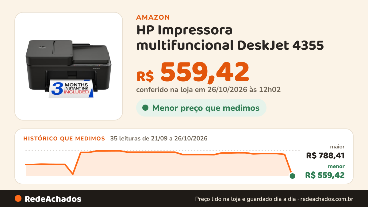 Histórico de preço de HP Impressora multifuncional DeskJet 4355 na Amazon: 35 leituras de 21/09/2026 a 26/10/2026, menor R$ 559,42, maior R$ 788,41; R$ 559,42 conferido em 26/10/2026 às 12h02