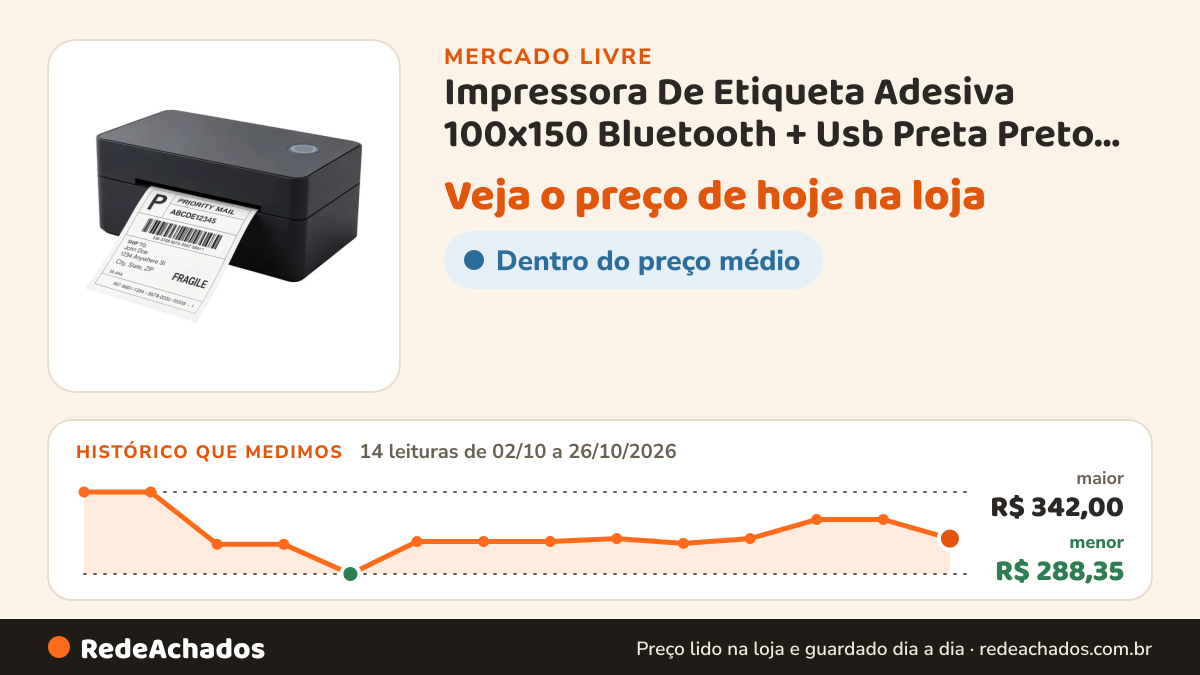 Histórico de preço de Impressora De Etiqueta Adesiva 100x150 Bluetooth + Usb Preta Preto 127/220v no Mercado Livre: 14 leituras de 02/10/2026 a 26/10/2026, menor R$ 288,35, maior R$ 342,00
