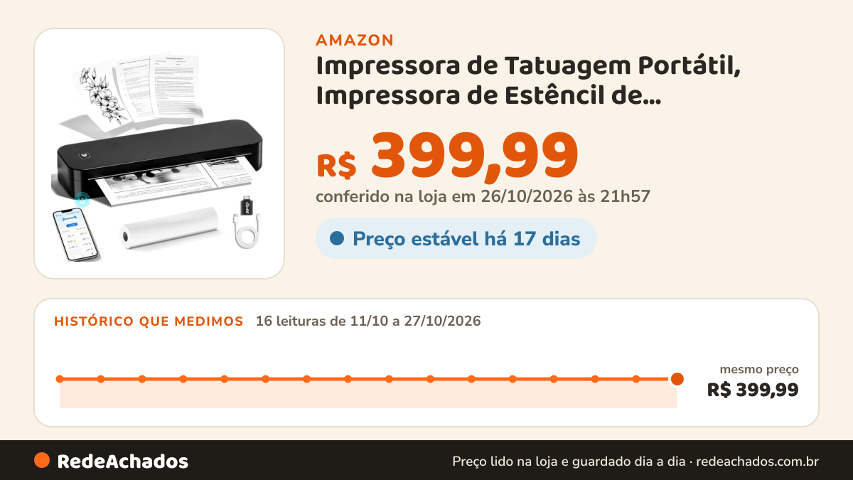 Histórico de preço de Impressora de Tatuagem Portátil, Impressora de Estêncil de Transferência, Impressora de… na Amazon: 16 leituras de 11/10/2026 a 27/10/2026, mesmo preço, R$ 399,99, em todas; R$ 399,99 conferido em 26/10/2026 às 21h57