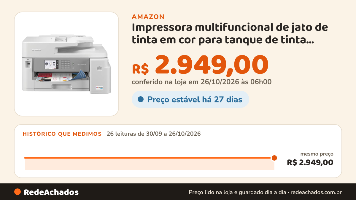 Histórico de preço de Impressora multifuncional de jato de tinta em cor para tanque de tinta MFC-J5855DW na Amazon: 26 leituras de 30/09/2026 a 26/10/2026, mesmo preço, R$ 2.949,00, em todas; R$ 2.949,00 conferido em 26/10/2026 às 06h00