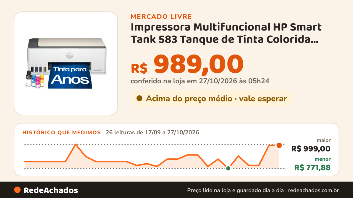 Histórico de preço de Impressora Multifuncional HP Smart Tank 583 Tanque de Tinta Colorida Wi-Fi com a no Mercado Livre: 25 leituras de 17/09/2026 a 25/10/2026, menor R$ 771,88, maior R$ 999,00