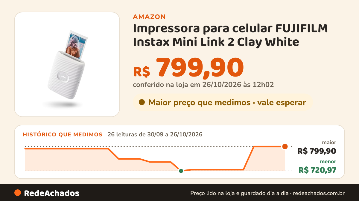 Histórico de preço de Impressora para celular FUJIFILM Instax Mini Link 2 Clay White na Amazon: 25 leituras de 30/09/2026 a 25/10/2026, menor R$ 720,97, maior R$ 799,90; R$ 799,90 conferido em 25/10/2026 às 05h58