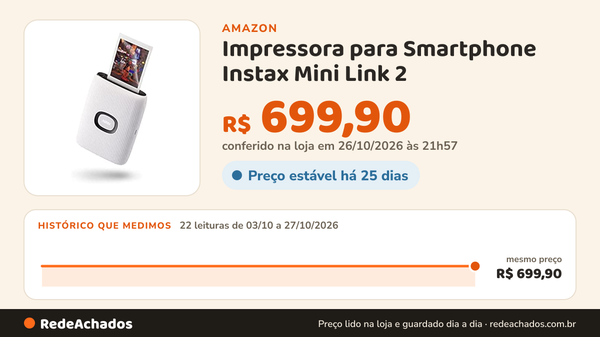 Histórico de preço de Impressora para Smartphone Instax Mini Link 2 - Edição Especial na Amazon: 22 leituras de 03/10/2026 a 27/10/2026, mesmo preço, R$ 699,90, em todas; R$ 699,90 conferido em 26/10/2026 às 21h57