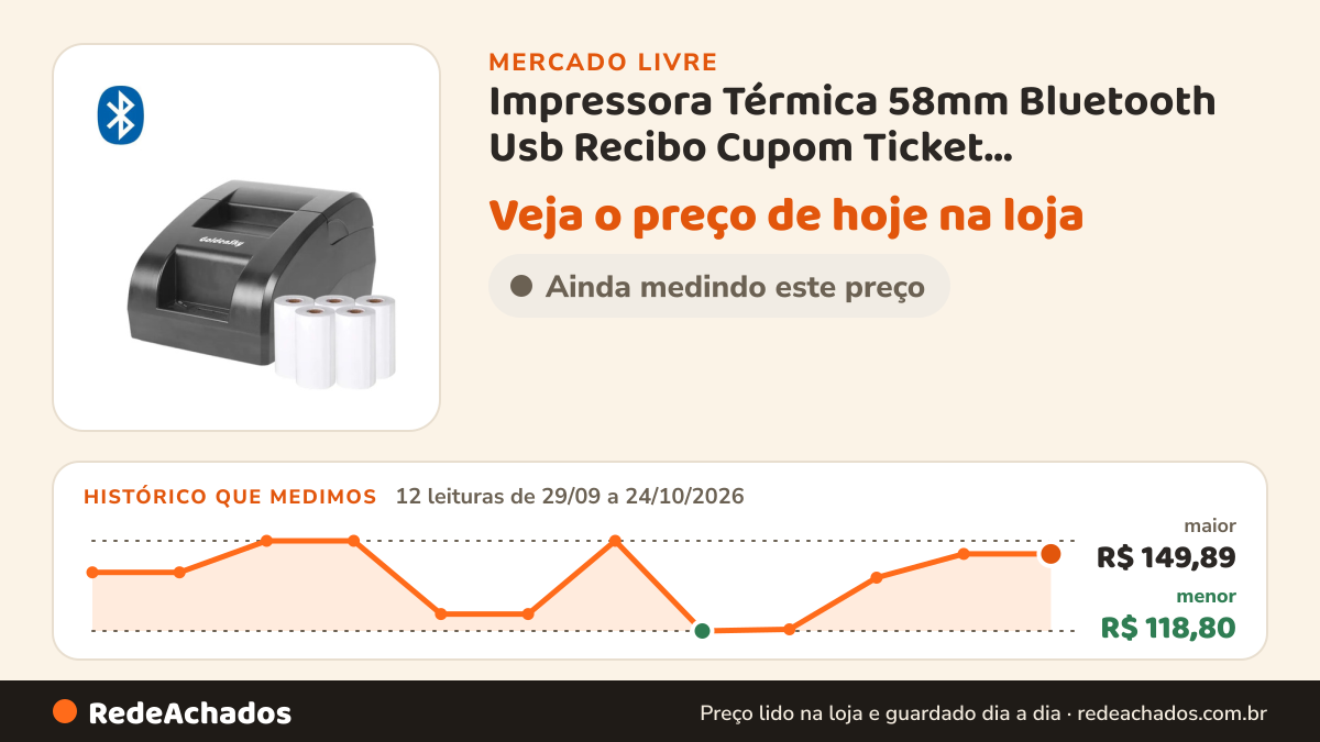 Histórico de preço de Impressora Térmica 58mm Bluetooth Usb Recibo Cupom Ticket Comprovante Delivery I no Mercado Livre: 12 leituras de 29/09/2026 a 24/10/2026, menor R$ 118,80, maior R$ 149,89