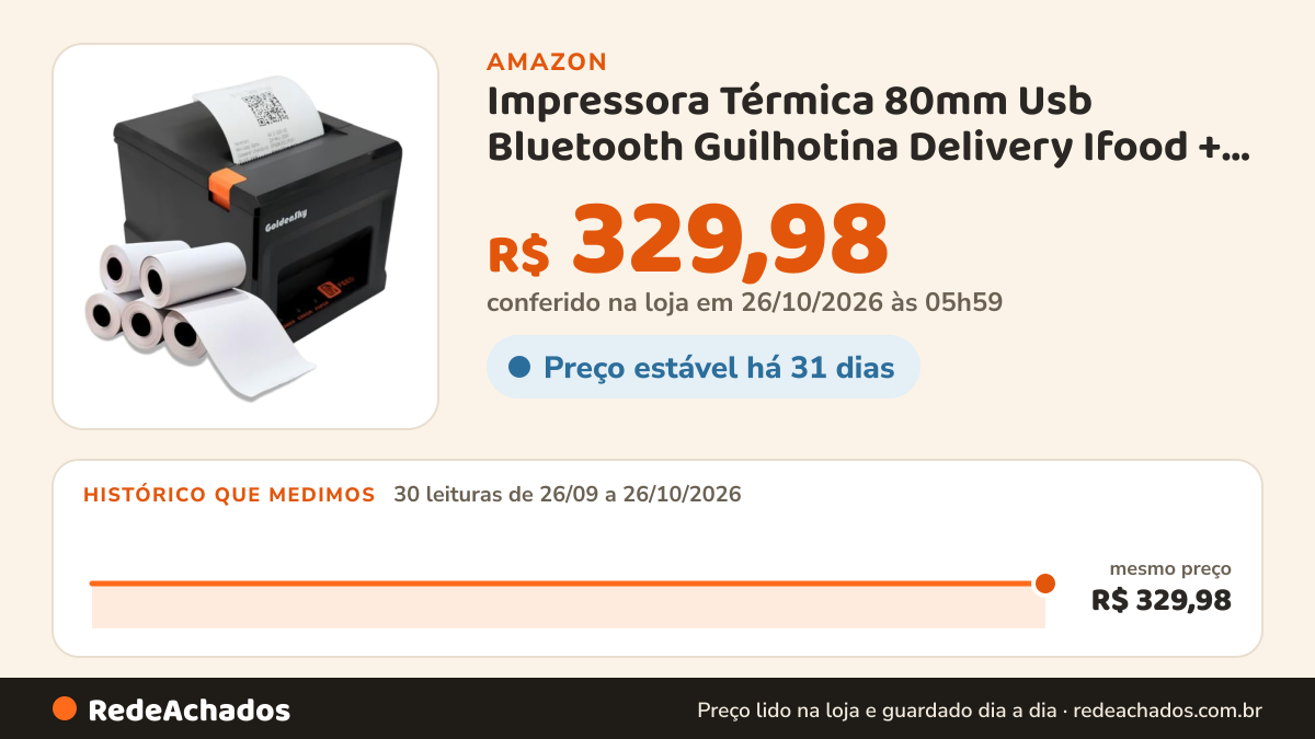 Histórico de preço de Impressora Térmica 80mm Usb Bluetooth Guilhotina Delivery Ifood + 5 Bobinas Cupom Recibo na Amazon: 30 leituras de 26/09/2026 a 26/10/2026, mesmo preço, R$ 329,98, em todas; R$ 329,98 conferido em 26/10/2026 às 05h59