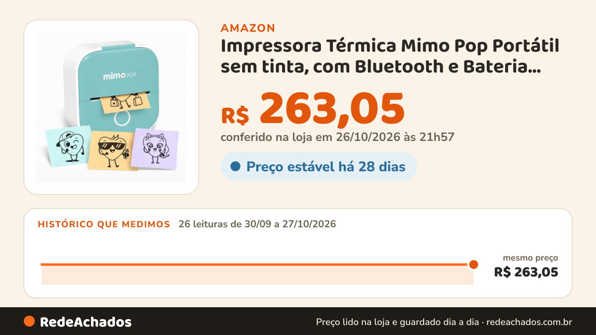 Histórico de preço de Impressora Térmica Mimo Pop Portátil sem tinta, com Bluetooth e Bateria Recarregável. Crie… na Amazon: 26 leituras de 30/09/2026 a 27/10/2026, mesmo preço, R$ 263,05, em todas; R$ 263,05 conferido em 26/10/2026 às 21h57