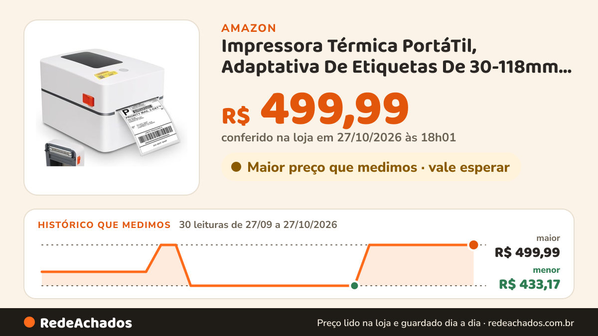 Histórico de preço de Impressora Térmica PortáTil, Adaptativa De Etiquetas De 30-118mm, Impressora Termica, Mini… na Amazon: 29 leituras de 27/09/2026 a 26/10/2026, menor R$ 433,17, maior R$ 499,99; R$ 499,99 conferido em 26/10/2026 às 06h00