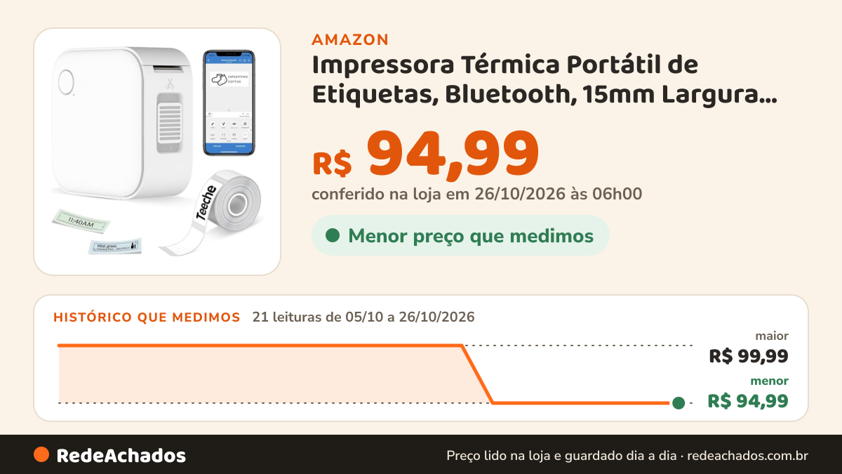 Histórico de preço de Impressora Térmica Portátil de Etiquetas, Bluetooth, 15mm Largura, Bateria 1000mAh com App… na Amazon: 21 leituras de 05/10/2026 a 26/10/2026, menor R$ 94,99, maior R$ 99,99; R$ 94,99 conferido em 26/10/2026 às 06h00