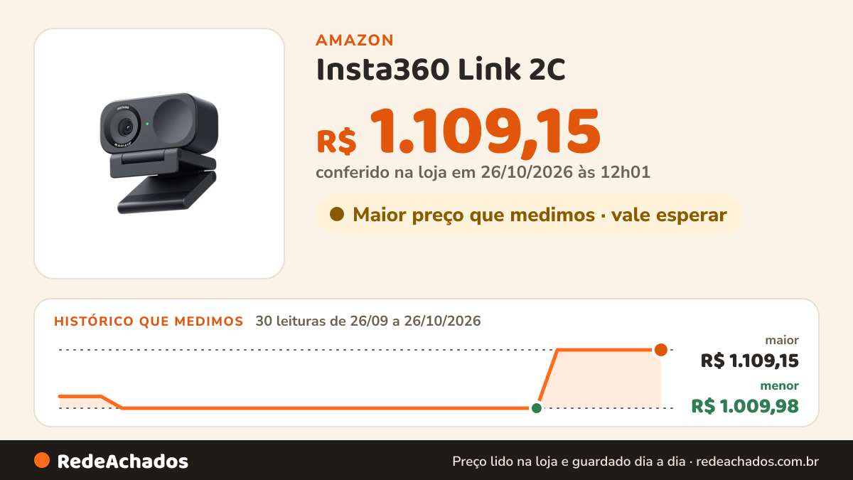 Histórico de preço de Insta360 Link 2C - Webcam 4K para PC/Mac, sensor de 1/2", enquadramento automático, HDR… na Amazon: 29 leituras de 26/09/2026 a 25/10/2026, menor R$ 1.009,98, maior R$ 1.109,15; R$ 1.109,15 conferido em 25/10/2026 às 05h58
