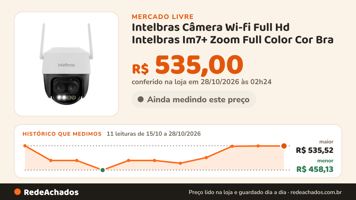 Histórico de preço de Intelbras Câmera Wi-fi Full Hd Intelbras Im7+ Zoom Full Color Cor Bra no Mercado Livre: 10 leituras de 15/10/2026 a 27/10/2026, menor R$ 458,13, maior R$ 548,00; R$ 548,00 conferido em 27/10/2026 às 03h54