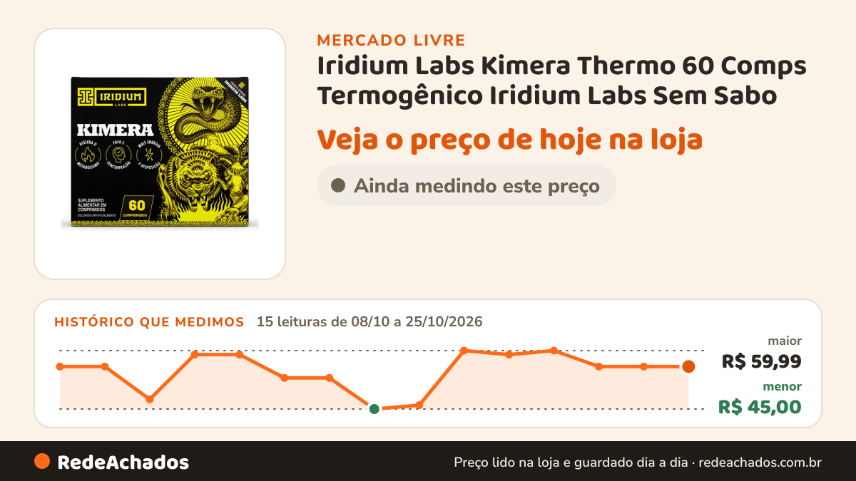 Histórico de preço de Iridium Labs Kimera Thermo 60 Comps Termogênico Iridium Labs Sem Sabo no Mercado Livre: 15 leituras de 08/10/2026 a 25/10/2026, menor R$ 45,00, maior R$ 59,99