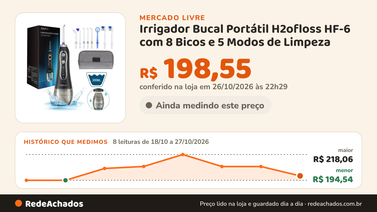 Histórico de preço de Irrigador Bucal Portátil H2ofloss HF-6 com 8 Bicos e 5 Modos de Limpeza no Mercado Livre: 8 leituras de 18/10/2026 a 27/10/2026, menor R$ 194,54, maior R$ 218,06; R$ 198,55 conferido em 26/10/2026 às 22h29