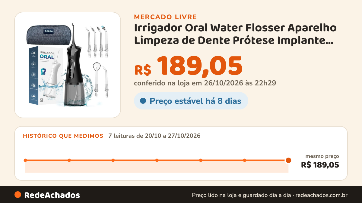 Histórico de preço de Irrigador Oral Water Flosser Aparelho Limpeza de Dente Prótese Implante de Higiene Bucal… no Mercado Livre: 7 leituras de 20/10/2026 a 27/10/2026, mesmo preço, R$ 189,05, em todas; R$ 189,05 conferido em 26/10/2026 às 22h29
