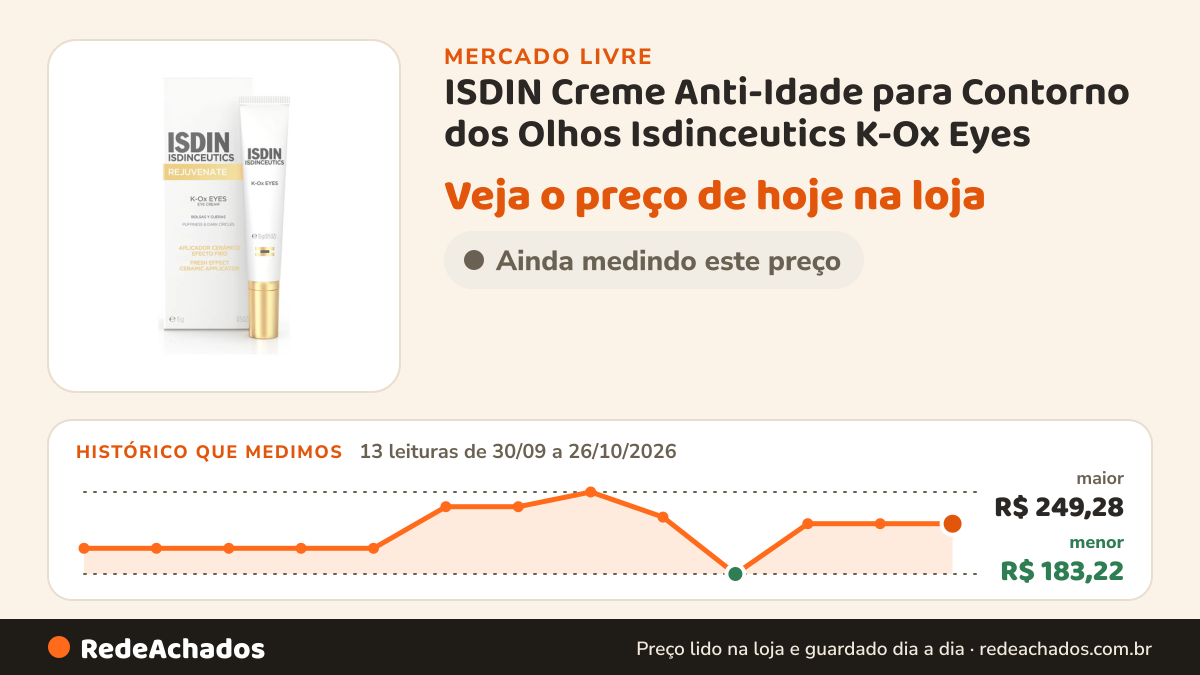 Histórico de preço de ISDIN Creme Anti-Idade para Contorno dos Olhos Isdinceutics K-Ox Eyes - 15g no Mercado Livre: 13 leituras de 30/09/2026 a 26/10/2026, menor R$ 183,22, maior R$ 249,28