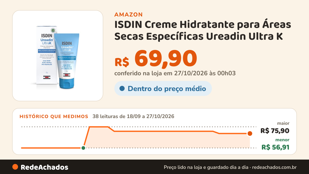 Histórico de preço de ISDIN Creme Hidratante para Áreas Secas Específicas Ureadin Ultra K - 53g na Amazon: 38 leituras de 18/09/2026 a 27/10/2026, menor R$ 56,91, maior R$ 75,90; R$ 69,90 conferido em 27/10/2026 às 00h03