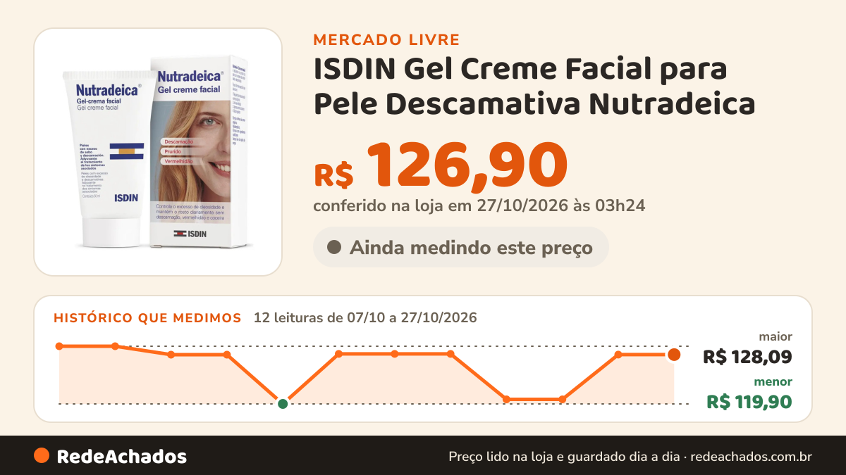 Histórico de preço de ISDIN Gel Creme Facial para Pele Descamativa Nutradeica - 50ml no Mercado Livre: 12 leituras de 07/10/2026 a 27/10/2026, menor R$ 119,90, maior R$ 128,09; R$ 126,90 conferido em 27/10/2026 às 03h24