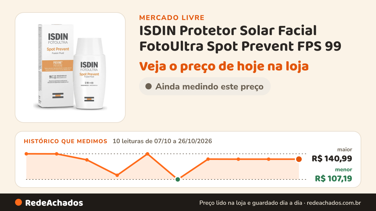 Histórico de preço de ISDIN Protetor Solar Facial FotoUltra Spot Prevent FPS 99 - 50ml no Mercado Livre: 10 leituras de 07/10/2026 a 26/10/2026, menor R$ 107,19, maior R$ 140,99; R$ 133,89 conferido em 25/10/2026 às 22h43
