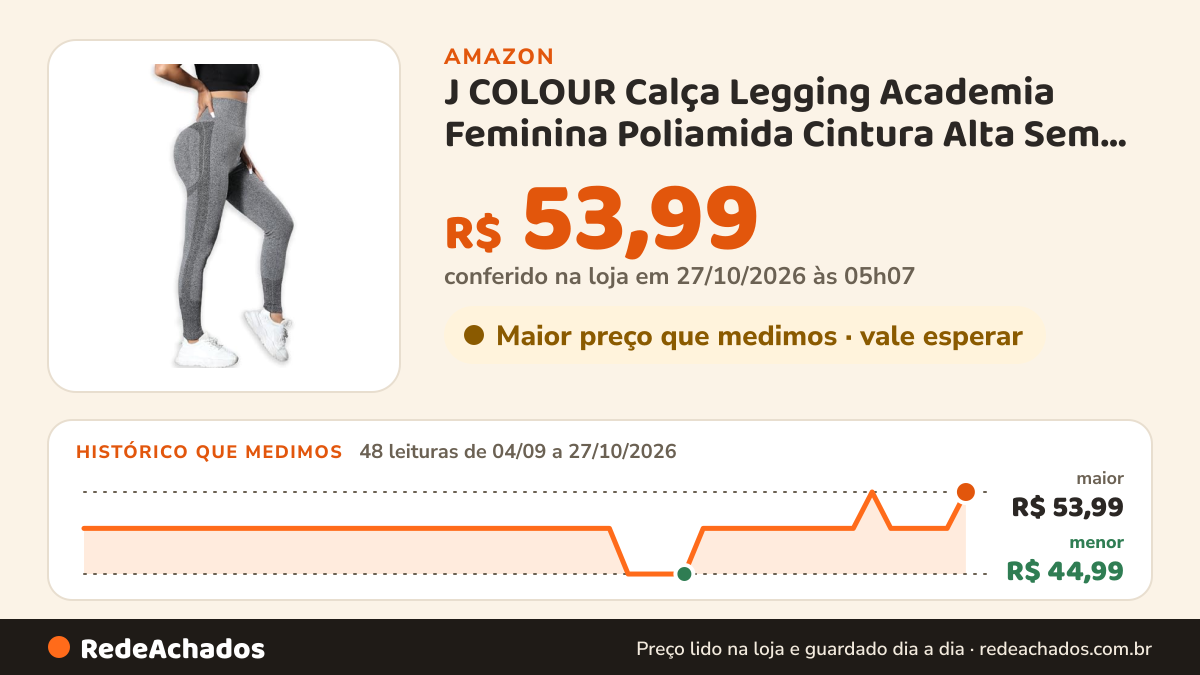Histórico de preço de J COLOUR Calça Legging Academia Feminina Poliamida Cintura Alta Sem Costura Fitness… na Amazon: 48 leituras de 04/09/2026 a 27/10/2026, menor R$ 44,99, maior R$ 53,99; R$ 53,99 conferido em 27/10/2026 às 05h07