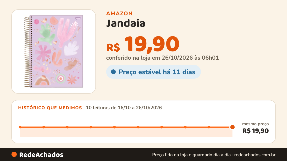 Histórico de preço de Jandaia - Caderno Espiral College 175x242mm CD 1 Matéria 80 Fls La Creme Fundo Lilás FSC na Amazon: 10 leituras de 16/10/2026 a 26/10/2026, mesmo preço, R$ 19,90, em todas; R$ 19,90 conferido em 26/10/2026 às 06h01