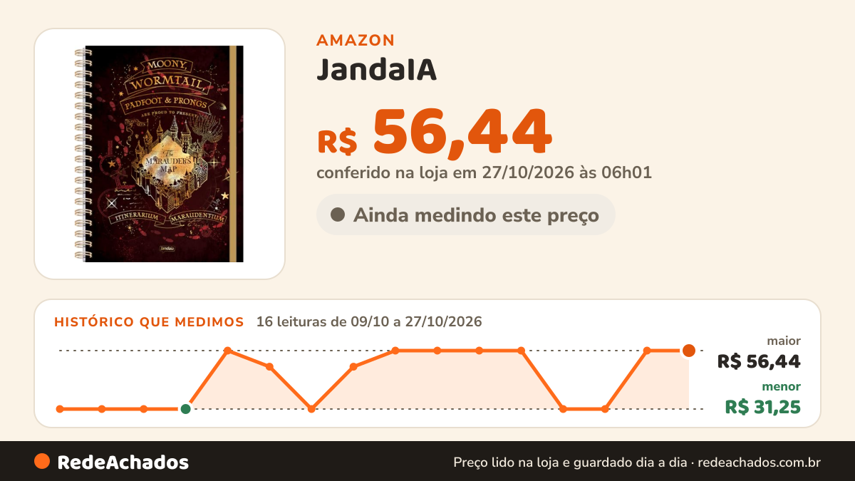 Histórico de preço de JandaIA - Caderno Neo com Pauta Inteligente Univ 1 matéria 80fls reposicionáveis - Harry… na Amazon: 16 leituras de 09/10/2026 a 27/10/2026, menor R$ 31,25, maior R$ 56,44; R$ 56,44 conferido em 27/10/2026 às 06h01