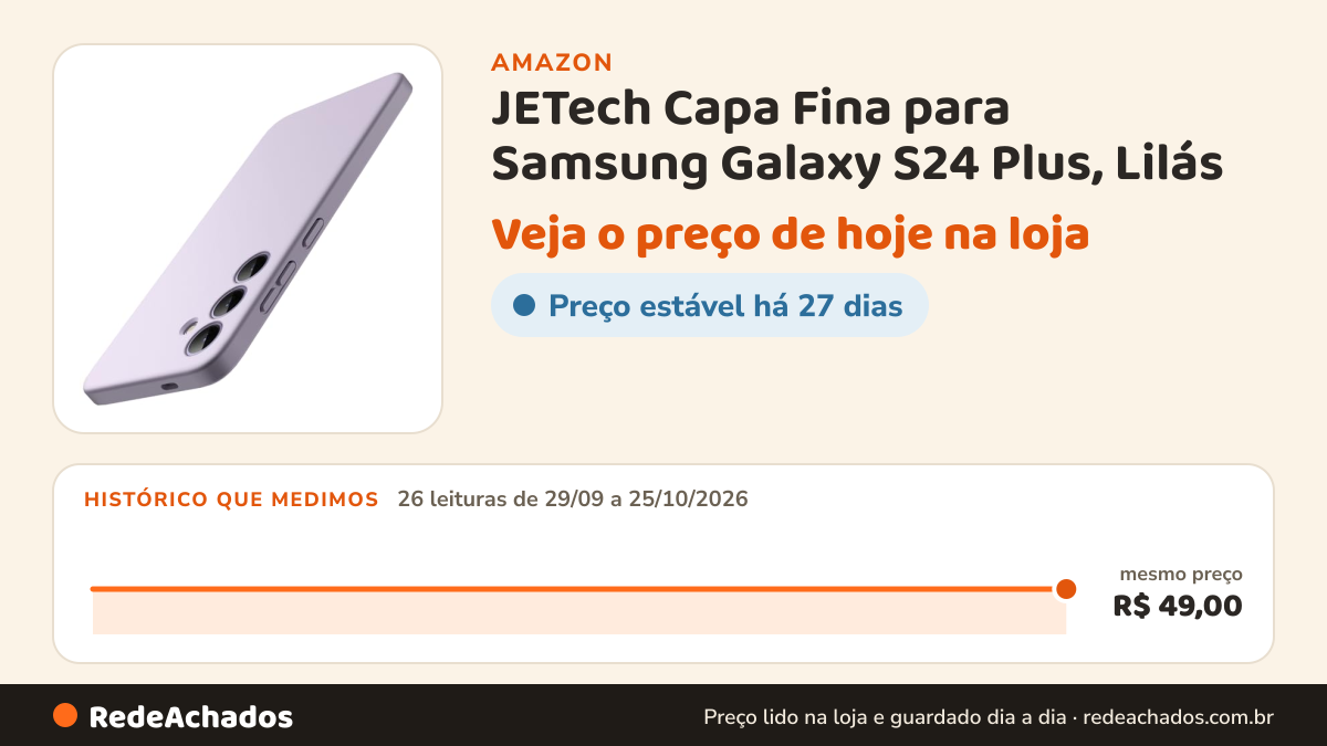 Histórico de preço de JETech Capa Fina para Samsung Galaxy S24 Plus, Lilás na Amazon: 26 leituras de 29/09/2026 a 25/10/2026, mesmo preço, R$ 49,00, em todas