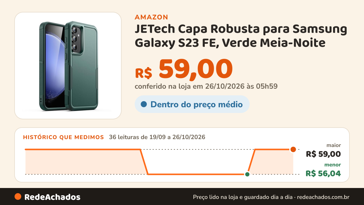 Histórico de preço de JETech Capa Robusta para Samsung Galaxy S23 FE, Verde Meia-Noite na Amazon: 36 leituras de 19/09/2026 a 26/10/2026, menor R$ 56,04, maior R$ 59,00; R$ 59,00 conferido em 26/10/2026 às 05h59