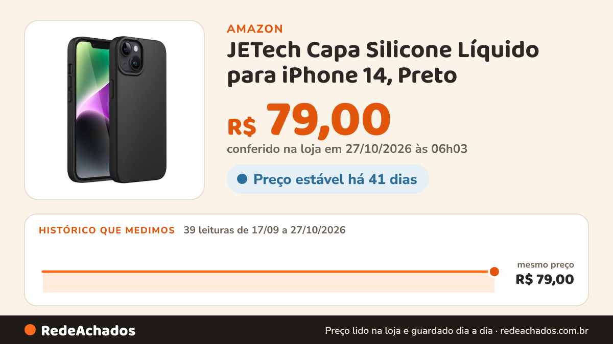 Histórico de preço de JETech Capa Silicone Líquido para iPhone 14, Preto na Amazon: 38 leituras de 17/09/2026 a 25/10/2026, mesmo preço, R$ 79,00, em todas