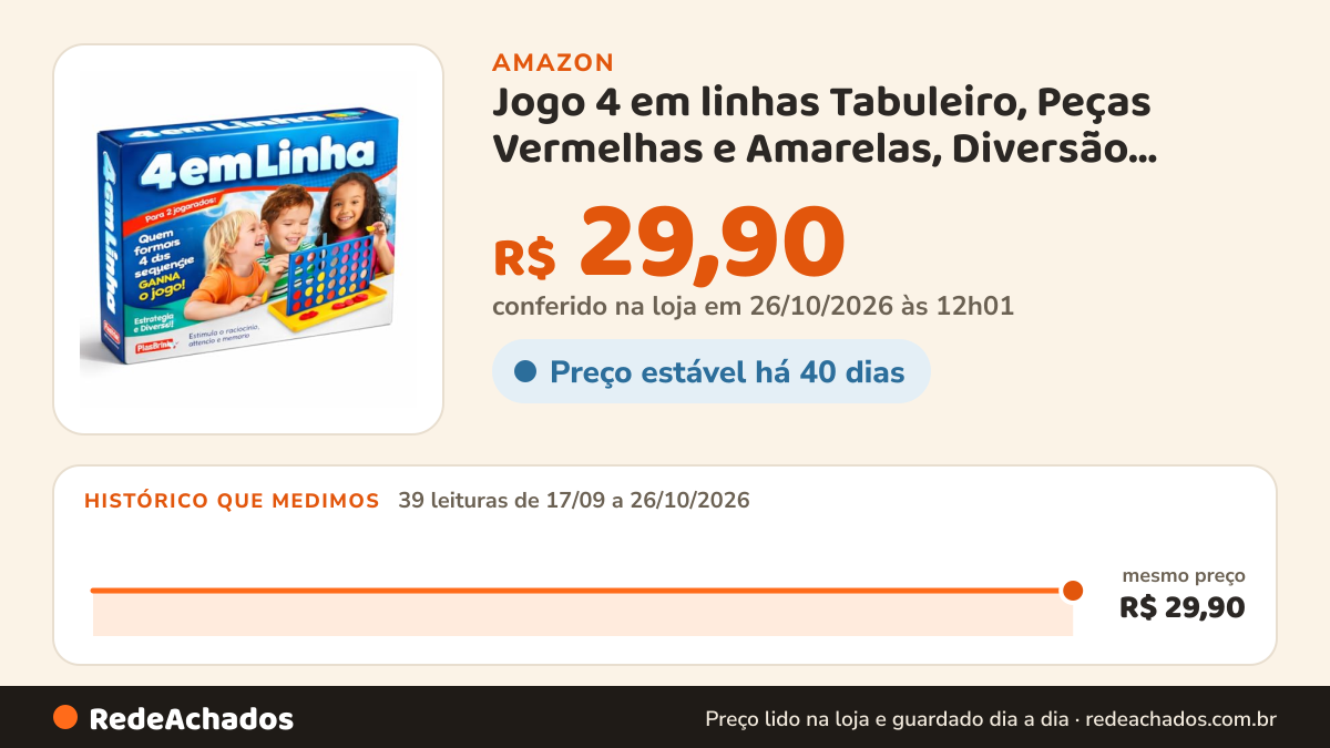 Histórico de preço de Jogo 4 em linhas Tabuleiro, Peças Vermelhas e Amarelas, Diversão Estratégica para Família… na Amazon: 38 leituras de 17/09/2026 a 25/10/2026, mesmo preço, R$ 29,90, em todas; R$ 29,90 conferido em 25/10/2026 às 05h58