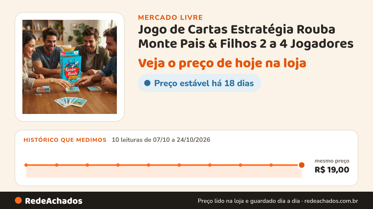 Histórico de preço de Jogo de Cartas Estratégia Rouba Monte Pais & Filhos 2 a 4 Jogadores no Mercado Livre: 10 leituras de 07/10/2026 a 24/10/2026, mesmo preço, R$ 19,00, em todas