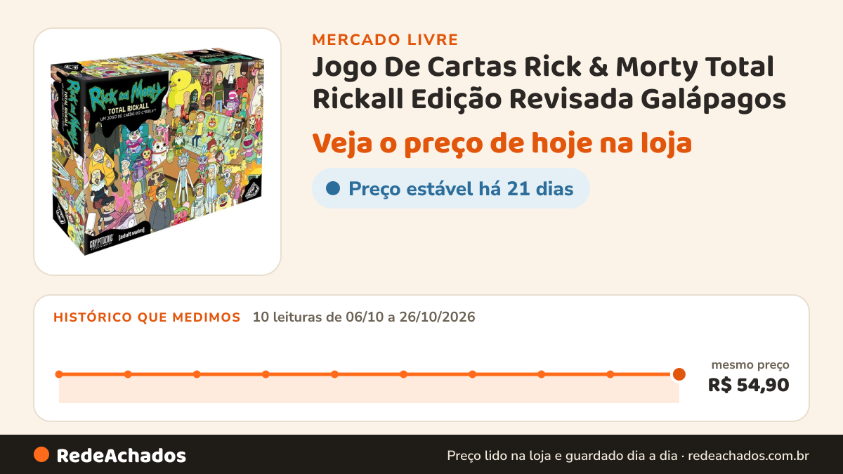 Histórico de preço de Jogo De Cartas Rick & Morty Total Rickall Edição Revisada Galápagos no Mercado Livre: 10 leituras de 06/10/2026 a 26/10/2026, mesmo preço, R$ 54,90, em todas