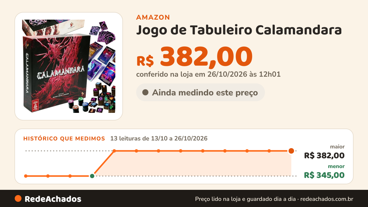 Histórico de preço de Jogo de Tabuleiro Calamandara | Um jogo de estratégia eletrizante e visualmente… na Amazon: 13 leituras de 13/10/2026 a 26/10/2026, menor R$ 345,00, maior R$ 382,00; R$ 382,00 conferido em 26/10/2026 às 12h01