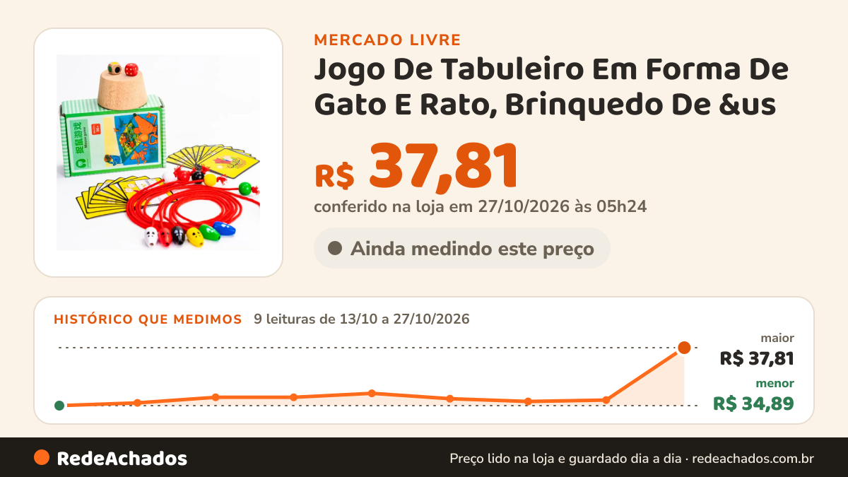 Histórico de preço de Jogo De Tabuleiro Em Forma De Gato E Rato, Brinquedo De &us no Mercado Livre: 9 leituras de 13/10/2026 a 27/10/2026, menor R$ 34,89, maior R$ 37,81; R$ 37,81 conferido em 27/10/2026 às 05h24