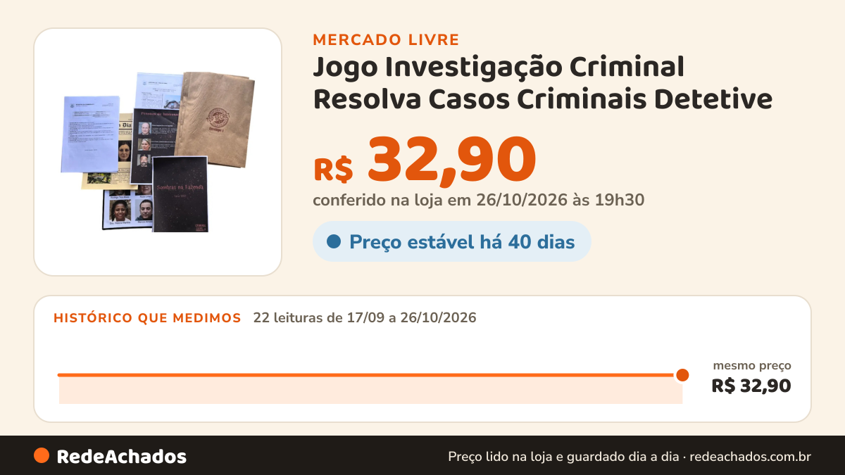 Histórico de preço de Jogo Investigação Criminal Resolva Casos Criminais Detetive no Mercado Livre: 22 leituras de 17/09/2026 a 26/10/2026, mesmo preço, R$ 32,90, em todas; R$ 32,90 conferido em 26/10/2026 às 19h30