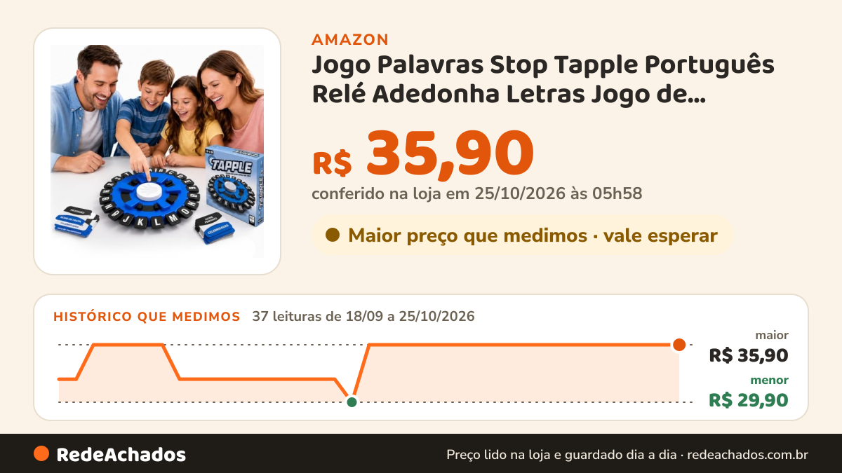 Histórico de preço de Jogo Palavras Stop Tapple Português Relé Adedonha Letras Jogo de Tabuleiro Familiar… na Amazon: 37 leituras de 18/09/2026 a 25/10/2026, menor R$ 29,90, maior R$ 35,90; R$ 35,90 conferido em 25/10/2026 às 05h58