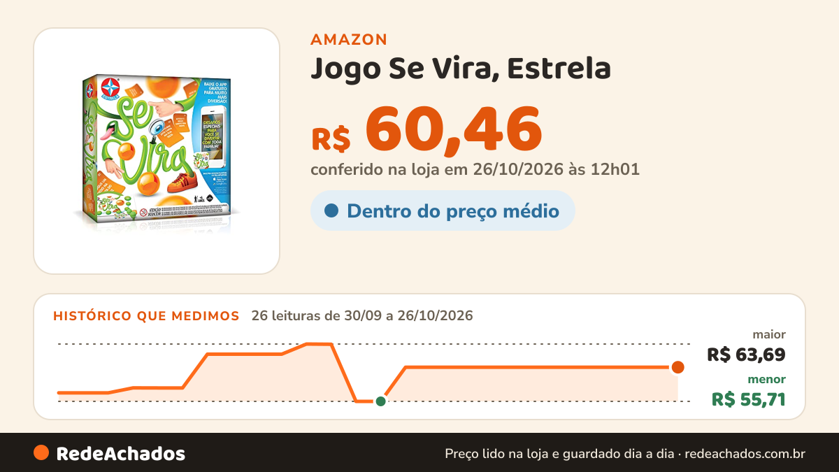 Histórico de preço de Jogo Se Vira, Estrela na Amazon: 26 leituras de 30/09/2026 a 26/10/2026, menor R$ 55,71, maior R$ 63,69; R$ 60,46 conferido em 26/10/2026 às 12h01