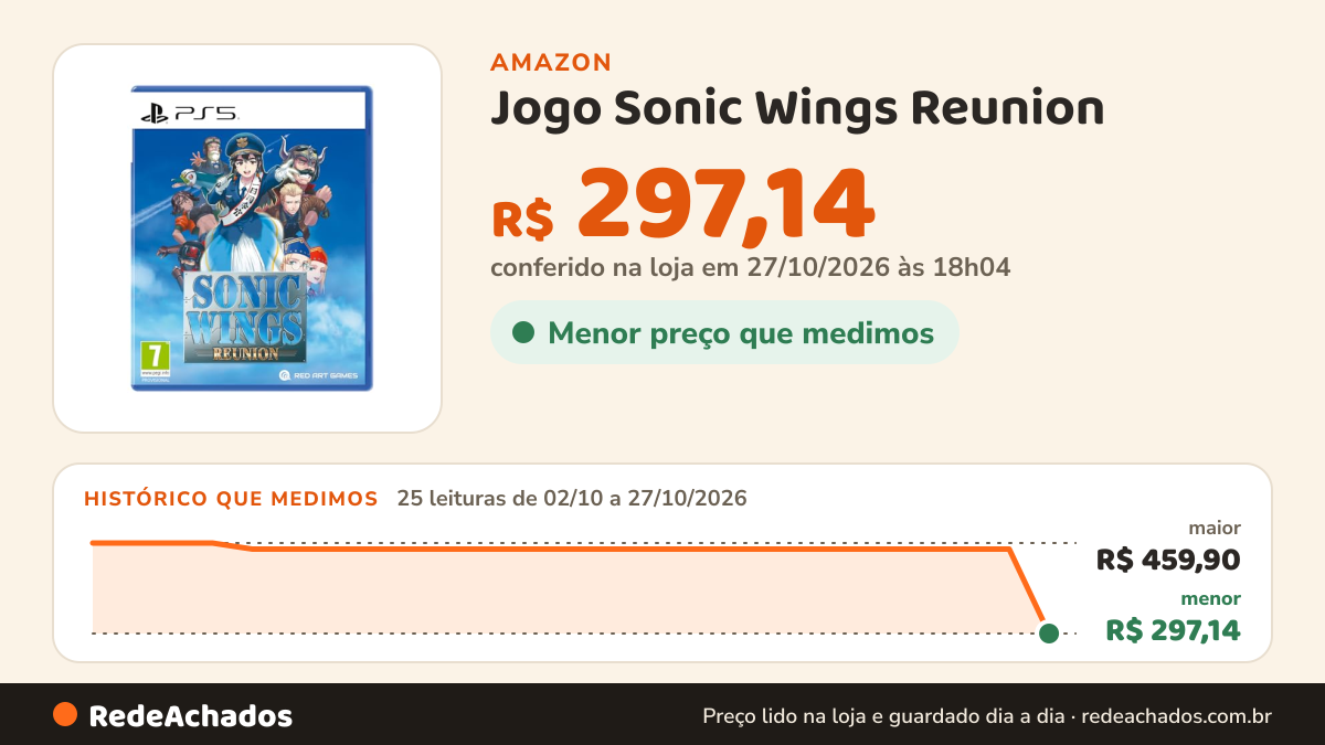 Histórico de preço de Jogo Sonic Wings Reunion - PS5 / PlayStation 5 na Amazon: 24 leituras de 02/10/2026 a 26/10/2026, menor R$ 448,90, maior R$ 459,90; R$ 448,90 conferido em 26/10/2026 às 12h01