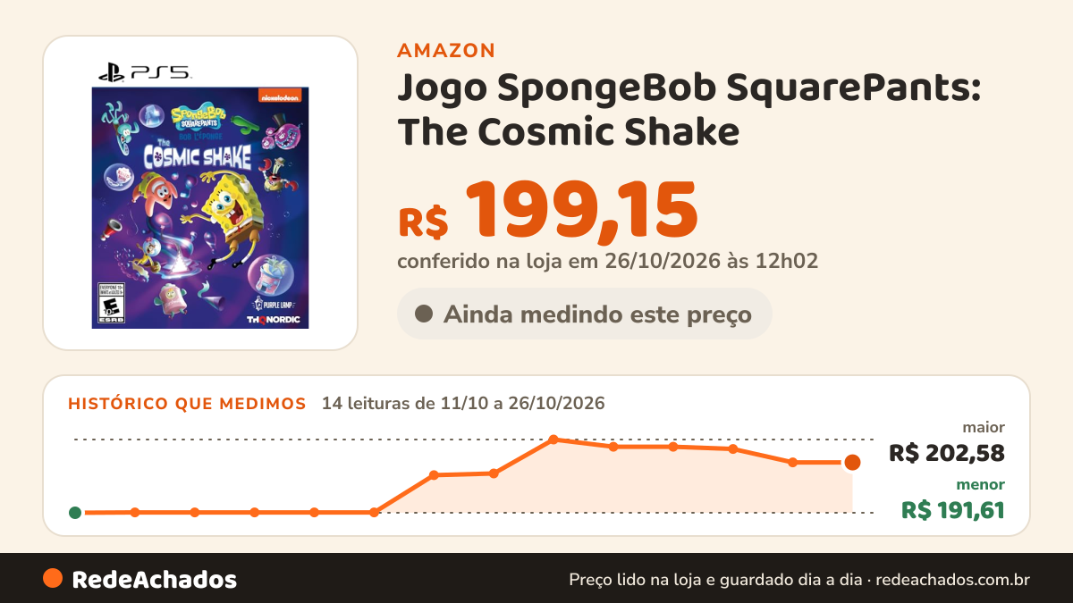 Histórico de preço de Jogo SpongeBob SquarePants: The Cosmic Shake (Bob Esponja) - PS5 / PlayStation 5 na Amazon: 13 leituras de 11/10/2026 a 25/10/2026, menor R$ 191,61, maior R$ 202,58; R$ 199,15 conferido em 25/10/2026 às 05h59