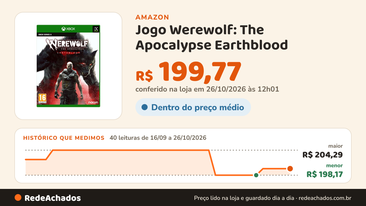 Histórico de preço de Jogo Werewolf: The Apocalypse Earthblood - Xbox Series X na Amazon: 40 leituras de 16/09/2026 a 26/10/2026, menor R$ 198,17, maior R$ 204,29; R$ 199,77 conferido em 26/10/2026 às 12h01