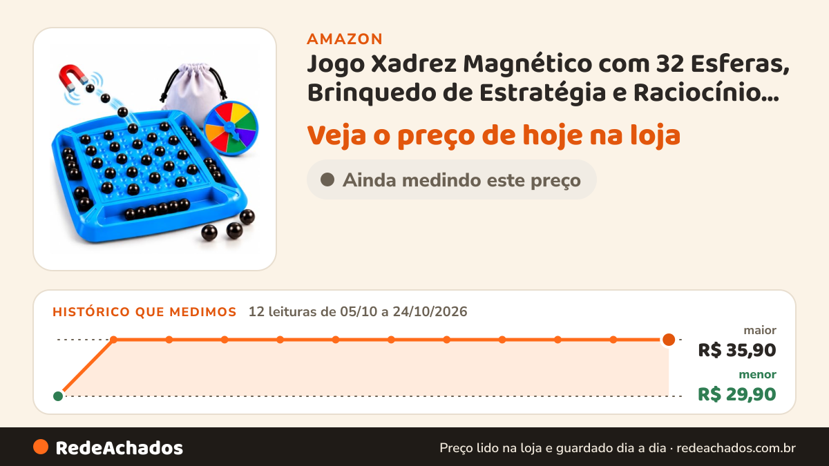 Histórico de preço de Jogo Xadrez Magnético com 32 Esferas, Brinquedo de Estratégia e Raciocínio, Jogo de… na Amazon: 12 leituras de 05/10/2026 a 24/10/2026, menor R$ 29,90, maior R$ 35,90