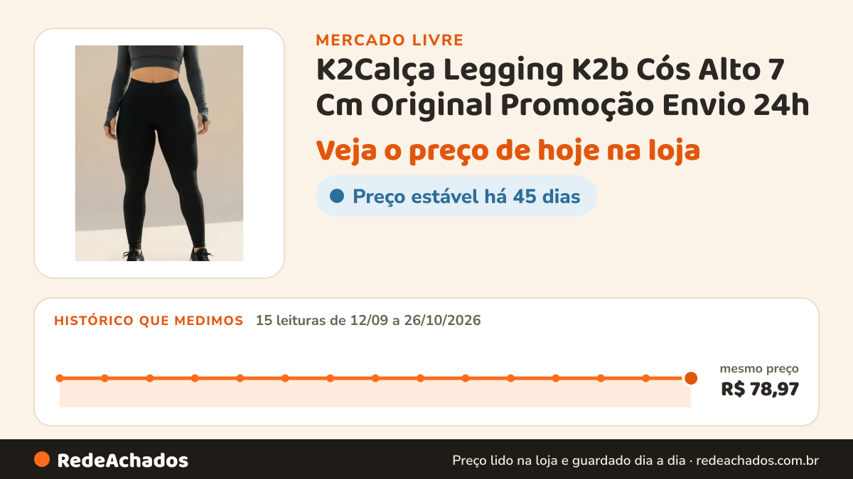 Histórico de preço de K2Calça Legging K2b Cós Alto 7 Cm Original Promoção Envio 24h no Mercado Livre: 15 leituras de 12/09/2026 a 26/10/2026, mesmo preço, R$ 78,97, em todas