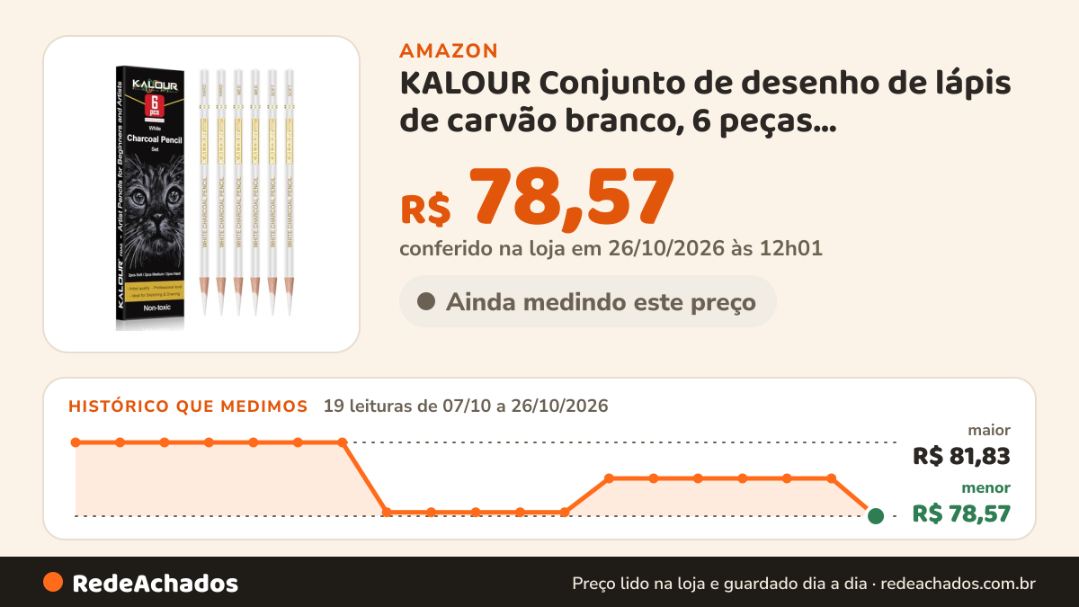 Histórico de preço de KALOUR Conjunto de desenho de lápis de carvão branco, 6 peças profissionais para desenhar… na Amazon: 19 leituras de 07/10/2026 a 26/10/2026, menor R$ 78,57, maior R$ 81,83; R$ 78,57 conferido em 26/10/2026 às 12h01
