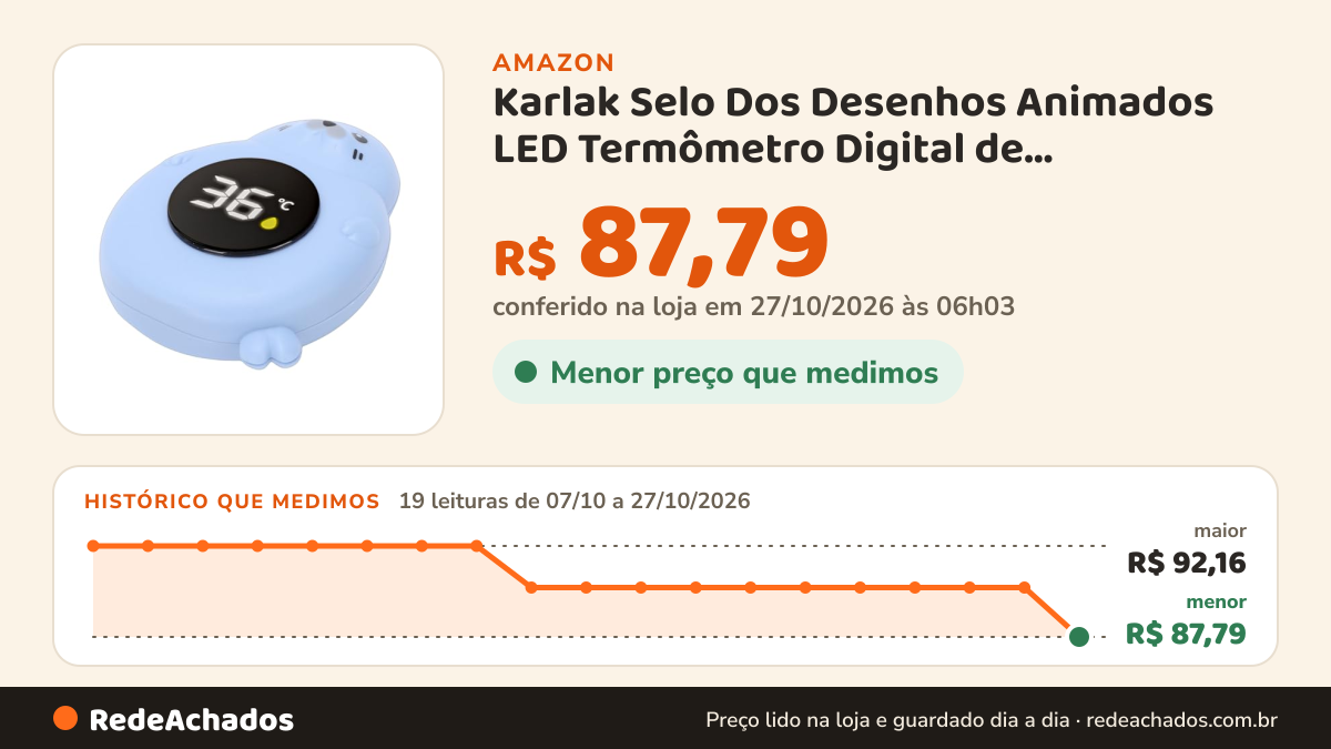 Histórico de preço de Karlak Selo Dos Desenhos Animados LED Termômetro Digital de Temperatura da Água para… na Amazon: 19 leituras de 07/10/2026 a 27/10/2026, menor R$ 87,79, maior R$ 92,16; R$ 87,79 conferido em 27/10/2026 às 06h03