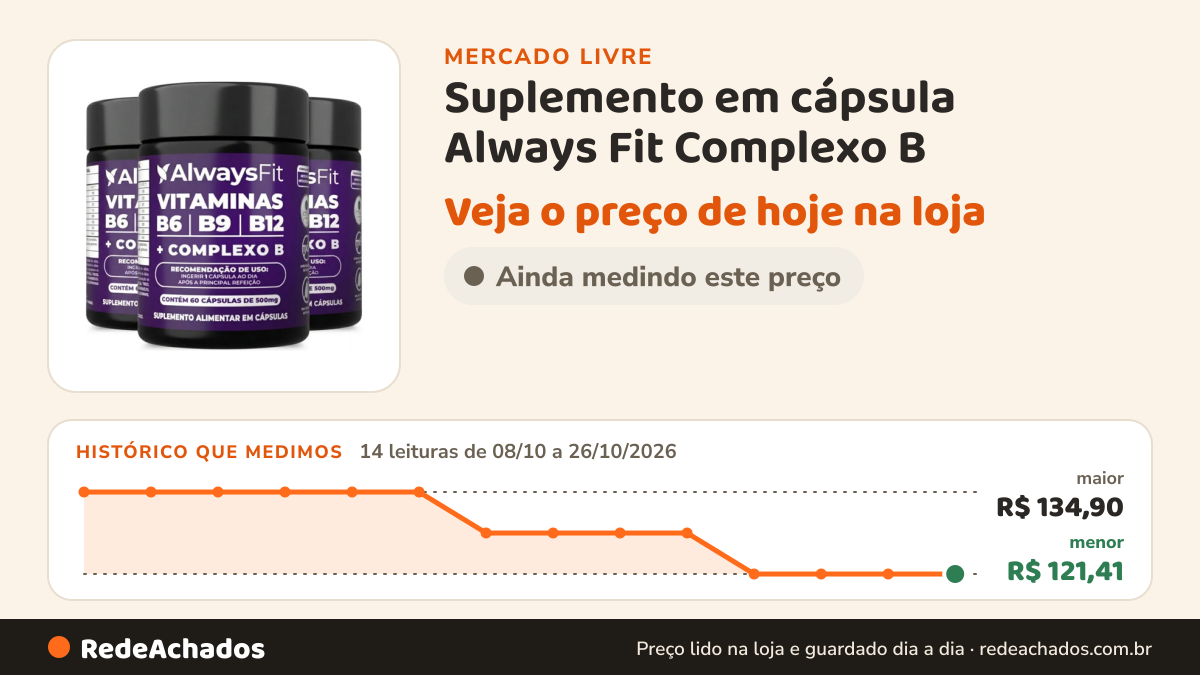 Histórico de preço de Suplemento em cápsula Always Fit Complexo B - Forma Ativa B9 Sem sabor 3 kits de 60 un no Mercado Livre: 14 leituras de 08/10/2026 a 26/10/2026, menor R$ 121,41, maior R$ 134,90