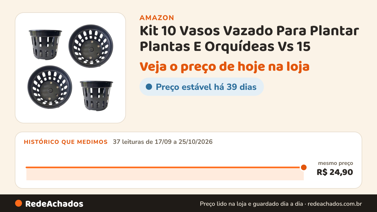 Histórico de preço de Kit 10 Vasos Vazado Para Plantar Plantas E Orquídeas Vs 15 na Amazon: 37 leituras de 17/09/2026 a 25/10/2026, mesmo preço, R$ 24,90, em todas