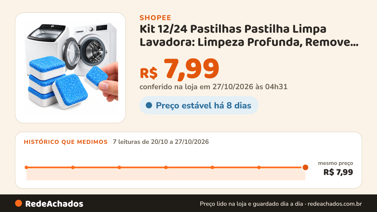Histórico de preço de Kit 12/24 Pastilhas Pastilha Limpa Lavadora: Limpeza Profunda, Remove Manchas e Bactérias… na Shopee: 7 leituras de 20/10/2026 a 27/10/2026, mesmo preço, R$ 7,99, em todas; R$ 7,99 conferido em 27/10/2026 às 04h31
